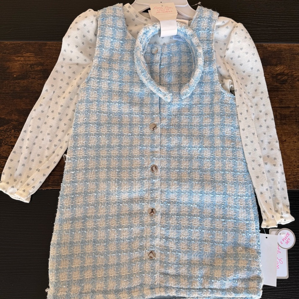Blue and White Plaid Dress with Long Sleeve Top & Matching Headband